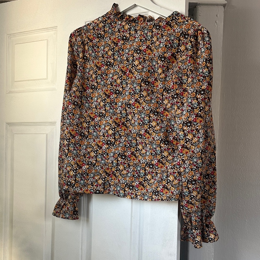 Floral Long-Sleeve Ruffled Neck Blouse - Mustard Multi